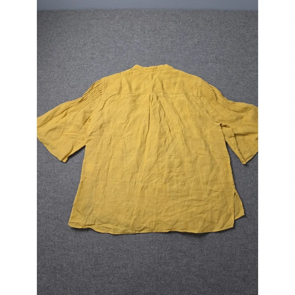 Akris Punto Blouse Womens Linen Yellow Mandarin Collar Pleated Sleeve Top - Picture 2 of 8